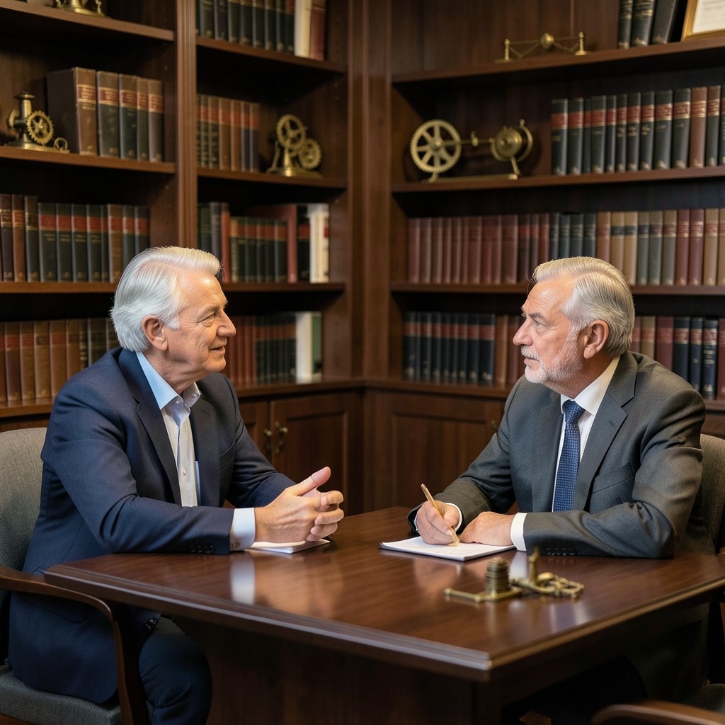Consultores revisando documentación de expediente laboral en oficina con detalles de latón