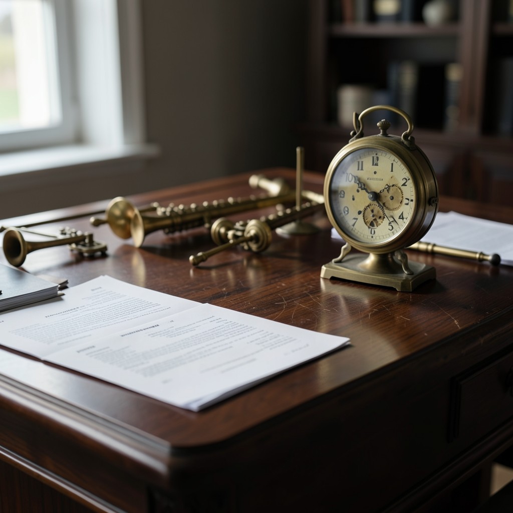 Mesa de trabajo con documentación de expediente laboral y reloj de precisión